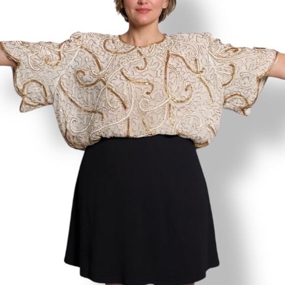 Vintage 90s Beaded Silk Top Metallic Sequin Gold White Evening Blouse Plus Size - Picture 13 of 13